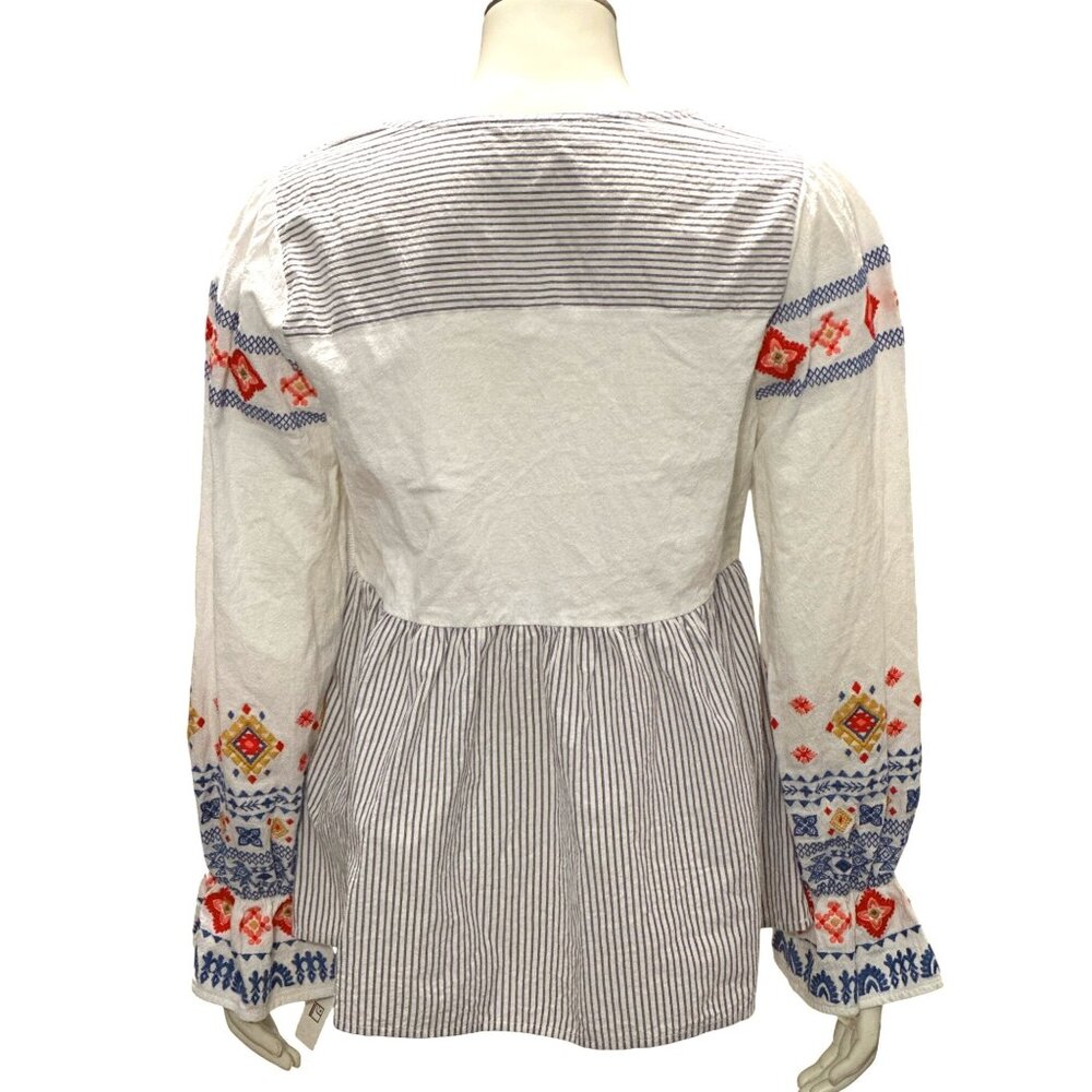 CCC Striped Bohemian Embroidered Long Sleeve Blouse V Neck Peplum Hem Coquette S - Picture 3 of 8